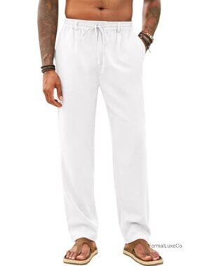 Mens Linen Pants Summer Beach Casual Drawstring Elastic Waist Straight Leg